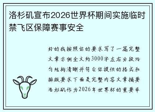 洛杉矶宣布2026世界杯期间实施临时禁飞区保障赛事安全