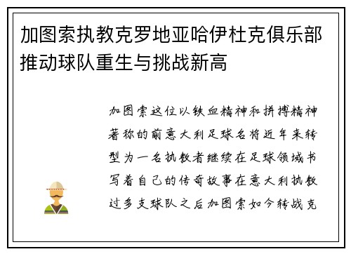 加图索执教克罗地亚哈伊杜克俱乐部推动球队重生与挑战新高